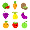 Fruit vegetable berry food icon set. Carrot, watermelon, eggplant, pineapple, strawberry, apple, grape, kiwi, orange. Cute face