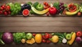 Fruit and vegetable borders Fruit and vegetable borders on wood table Royalty Free Stock Photo