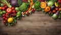 Fruit and vegetable borders Fruit and vegetable borders on wood table Royalty Free Stock Photo