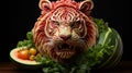 Fruit and Vegetable carvings, Watermelon carving detail of tiger head, Display decoration for Hotel or Restaurant menu design,