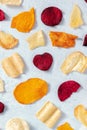 Fruit and vegetable chips pattern, overhead flat lay shot