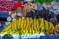 Fruit and vegetable counter, yellow, black and green bananas, cassava, ginger.market in Lefkosia, capital of Northern Cyprus.