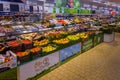 Fruit vegetable department with stalls with boxes of oranges, mandarins and lemons