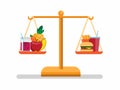 Fruit, vegetable and fastfood in balance, healthy and unhealthy food symbol icon flat illustration vector