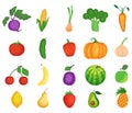 Fruit and vegetable icon set, flat vector isolated illustration. Fresh organic vegetarian foods, cartoon style.