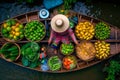 Fruit and vegetable market on boats in Thailand. Generative AI Royalty Free Stock Photo