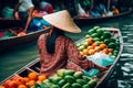 Fruit and vegetable market on boats in Thailand. Generative AI Royalty Free Stock Photo