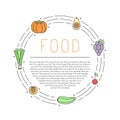 Fruit and vegetable multicolored outline circle frame with place for your text. Minimalistic design. Part one.