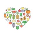 Fruit and vegetable multicolored outline vector heart illustration. Moinimalistic design.