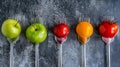 Fruit and vegetable on silver forks against a grey background concept for healthy eating, dieting, and antioxidants