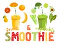 Fruit and vegetable smoothies. Cartoon smoothies. Orange, strawberry, berry, banana and avocado smoothie. Organic fruit Royalty Free Stock Photo