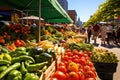 Fruit and vegetable stall at a farmers market in Frankfurt, Germany, A bustling farmer\'s market with vibrant, fresh