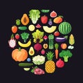 Fruit and vegetable vector circle background. Modern flat design. Royalty Free Stock Photo
