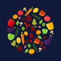 Fruit and vegetable vector circle on a dark background. Modern flat illustrations. Healthy food design Royalty Free Stock Photo