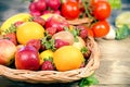 Fruit and vegetable in wicker basket, organic food in diet Royalty Free Stock Photo