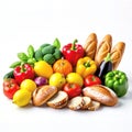Fruit, vegetables and bread rolls isolated on a plain white background Royalty Free Stock Photo