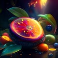 Fruit and vegetables on dark background. Orange, tangerine, blueberry, grapefruit and green leaves. AI generated