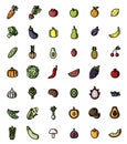 Fruit and vegetables flat design vector colorful icon set. Collection of isolated fruits and veggies symbols