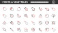 Fruit and vegetables, organic vegetarian food mix thin red and black line icons set Royalty Free Stock Photo