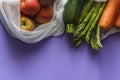 Fruit and vegetables on reusable bags with copy space