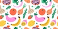 Fruit and vegetables, seamless pattern, hand drawn colorful doodle veggies. Vector texture. Trendy cute illustrations of