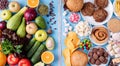 Fruit and vegetables vs sweets and fast food top view flat lay on blue background