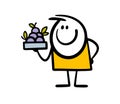 Fruit vendor holds in his hands a box with ripe berries, plums and apples. Vector illustration of a funny stickman and