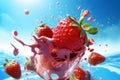 fruit water freshness splash blue fresh healthy food red strawberry background. Generative AI.