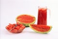 watermelon fruit one cut half slice pieces juice in glass Royalty Free Stock Photo