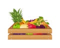 Fruit. A wooden box with fruits such as pineapple, banana, pears, apples and also plums, peaches, grapes. Fruit in the Royalty Free Stock Photo