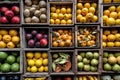 Fruit in wooden crates, displayed at the Asian Vegetable Market. View from the top. Generative AI Royalty Free Stock Photo