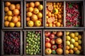 Fruit in wooden crates, displayed at the Asian Vegetable Market. View from the top. Generative AI Royalty Free Stock Photo