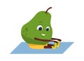 Fruit yoga. Cartoon funny pear doing sport exercises. Yoga or fitness workout. Smiling plant character training at home