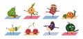 Fruit yoga. Cartoon vegetable funny characters doing yoga poses and sport exercises, healthy food and fitness workout Royalty Free Stock Photo