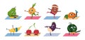 Fruit yoga. Cartoon vegetable funny characters doing yoga poses and sport exercises, healthy food and fitness workout