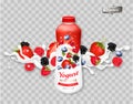 Fruit yogurt or milk with fresh berries advert concept. Yogurt or milk flowing into a plastic cup with fresh strawberry, blueberry Royalty Free Stock Photo