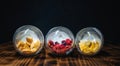 Fruit yogurts on black background. Healthy breakfast on the wooden table.