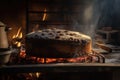 fruitcake being baked in a traditional oven, with flames and smoke visible