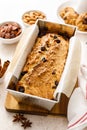 Fruitcake with cranberry, almond and pecan nuts in baking form Royalty Free Stock Photo