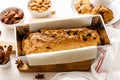 Fruitcake with cranberry, almond and pecan nuts in baking form Royalty Free Stock Photo