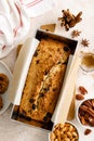Fruitcake with cranberry, almond and pecan nuts in baking form Royalty Free Stock Photo