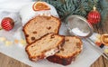Fruitcake with nuts, raisins, candied fruit and spices. Traditional Spicy Christmas cake