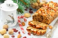 Fruitcake. Traditional Christmas cake with almonds, dried cranberries, cinnamon, cardamom