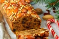 Fruitcake. Traditional Christmas cake with almonds, dried cranberries, cinnamon, cardamom