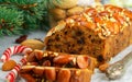 Fruitcake. Traditional Christmas cake with almonds, dried cranberries, cinnamon, cardamom Royalty Free Stock Photo