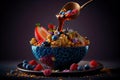 Fruitful Breakfast of Oatmeal in Bowl Blueberry Strawberry Raisin Cashow Apple Cherry Rose Patels Honey Pouring AI Generative Royalty Free Stock Photo