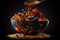 Fruitful Breakfast of Oatmeal in Bowl Blueberry Strawberry Raisin Cashow Apple Cherry Rose Patels Honey Pouring AI Generative Royalty Free Stock Photo