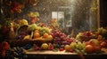Fruitful Elegance: Apples, Oranges, Lemons, Grapes Adorn a Rustic Table