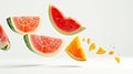 Fruitful Fantasia: Airborne Watermelon wows with Sliced Orange in a Delightful Levitation Display Royalty Free Stock Photo