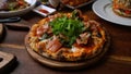 Side shot of Wood Fire Salmon Pizza